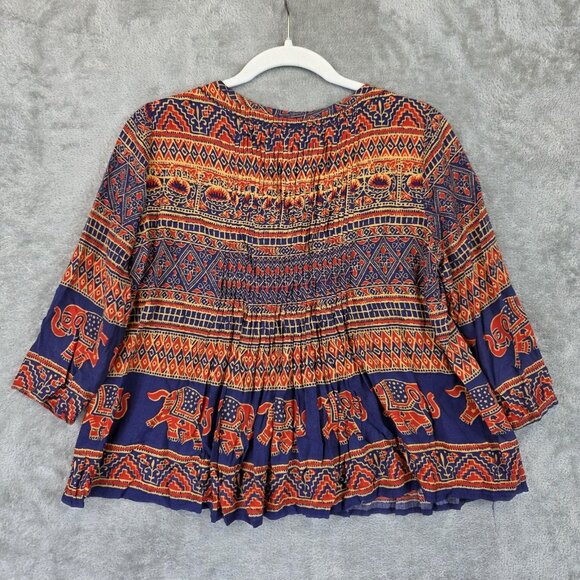 Anthropologie Shirt Womens Large Blue Orange Elephant Print Boho Peasant Top - Picture 11 of 11